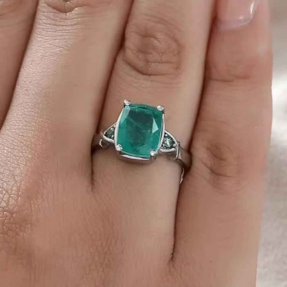 Emeraldine Quartz (Triplet) and Simulated Green Diamond Ring in Stainless Steel